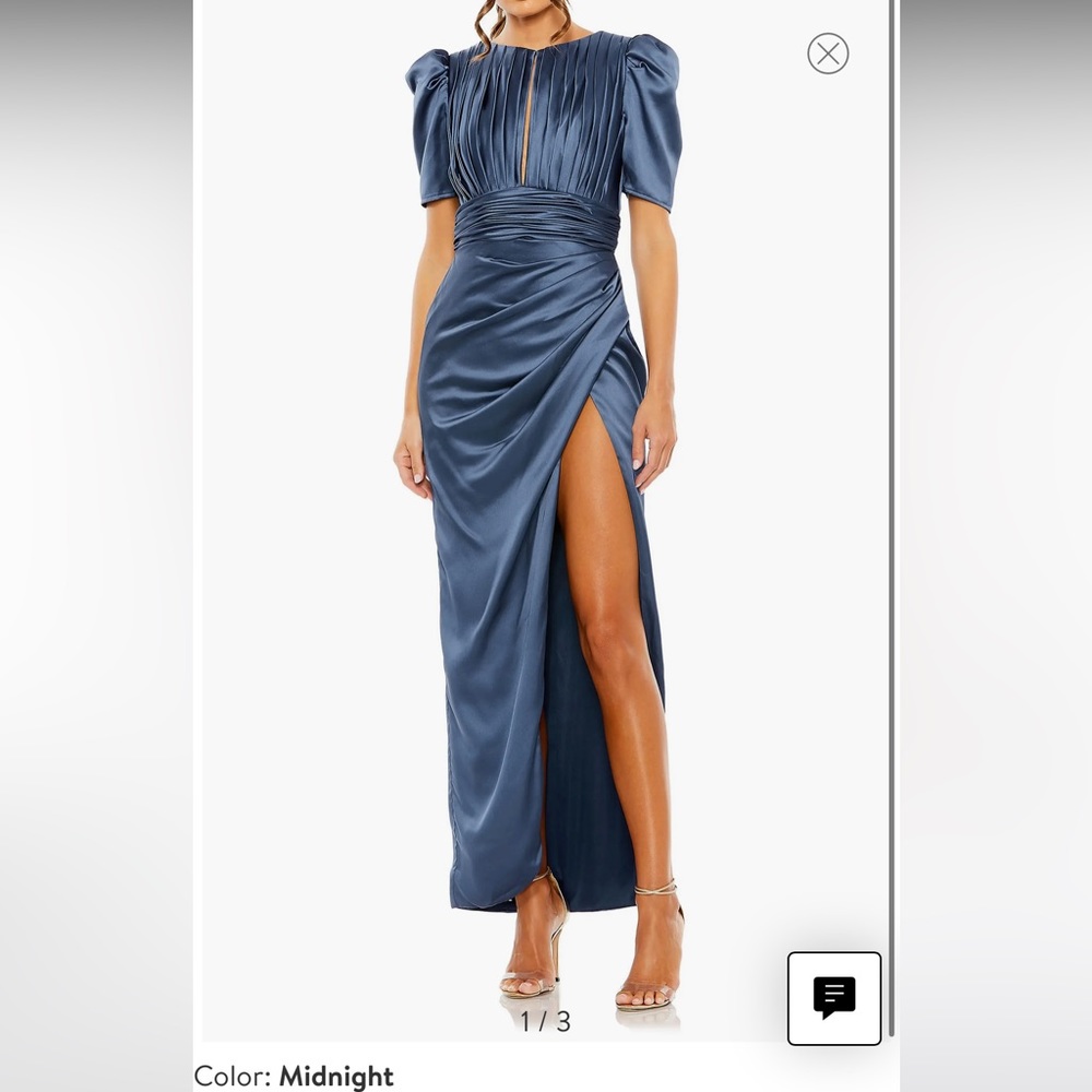 Mac Duggal Midnight Blue Satin Pleated Maxi Dress with High Slit